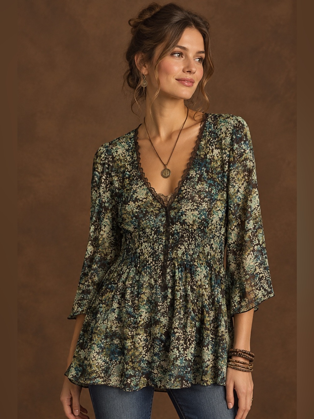 Elementz Y2K Vintage style sheer earth tones ditsy floral lace trim whimsy top L